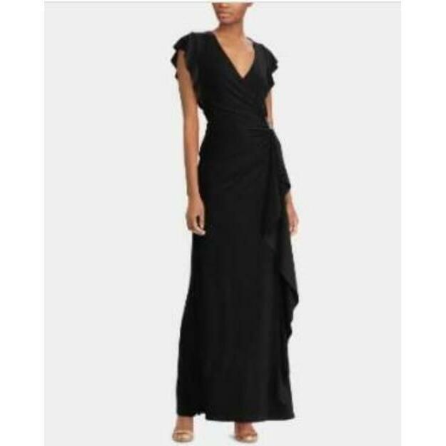 Ralph Lauren Women's Black Flutter-Sleeve Gown 12 Nwt